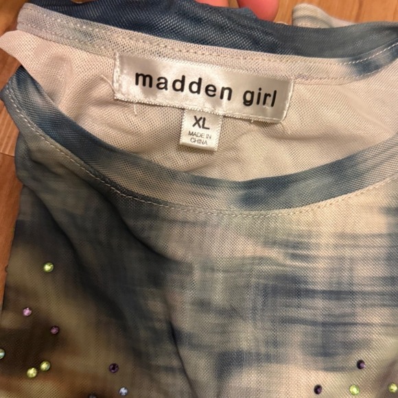 Madden Girl Butterfly Rhinestone Top Y2K Sheer Tee Blue XL - Picture 3 of 3